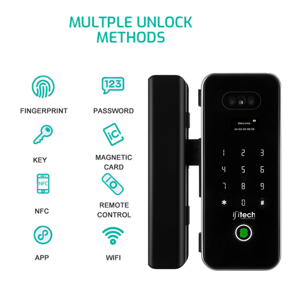 Smart lock with multiple unlock methods displayed on a white background