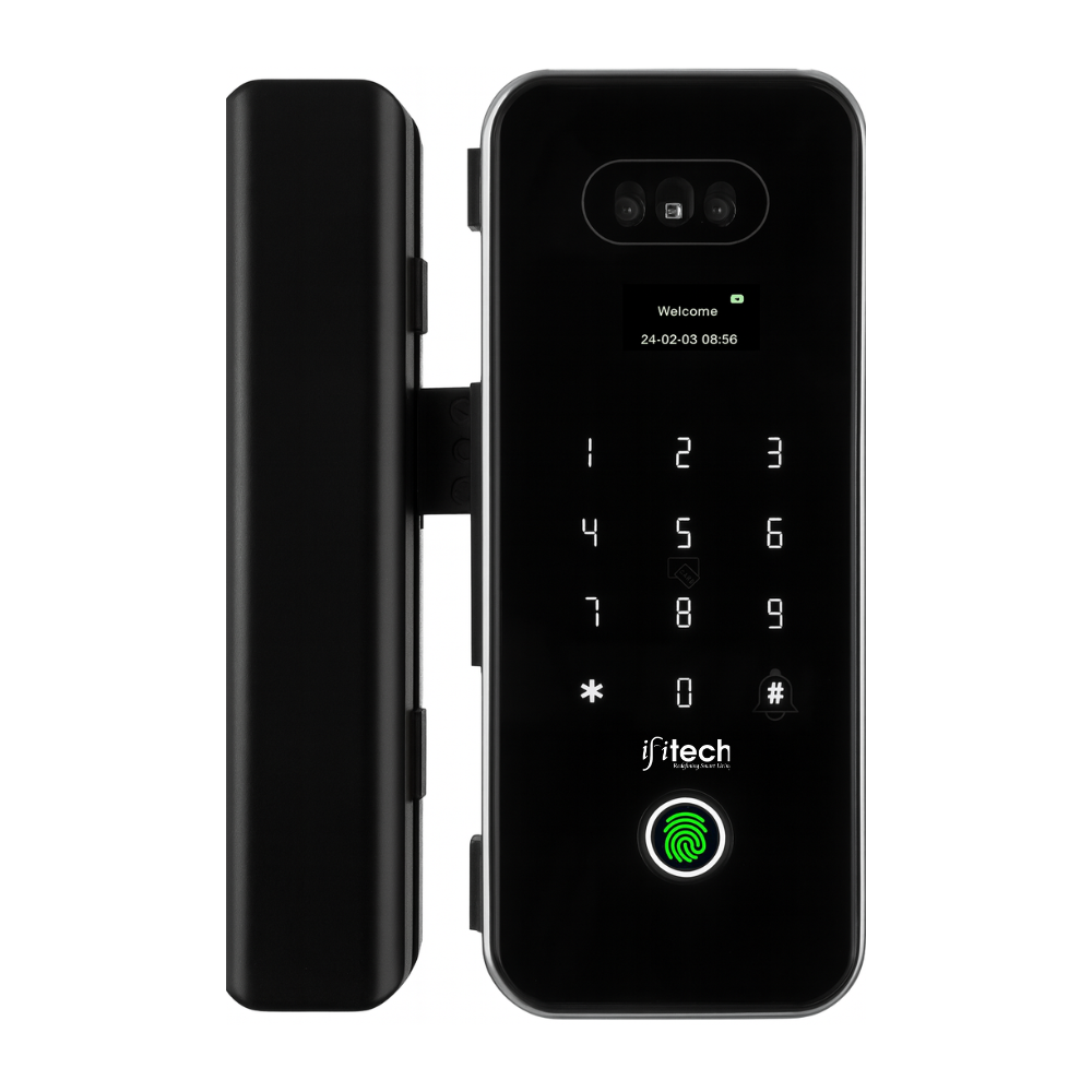 Black digital door lock with keypad and fingerprint sensor on a white background
