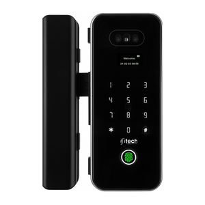 Black digital door lock with keypad and fingerprint sensor on a white background