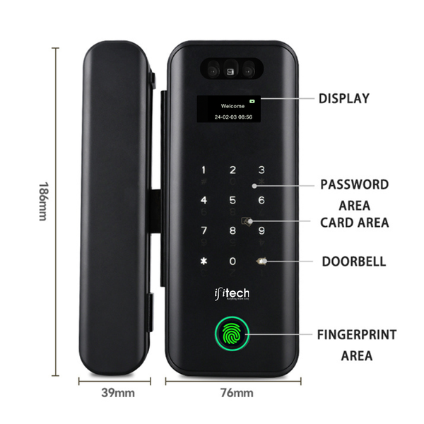 Black electronic door lock with labeled features and dimensions on a white background